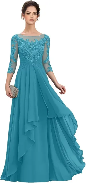 Womens Long Lace Mother of The Bride Dresses for Wedding 3/4 Sleeve Chiffon Formal Evening Dress