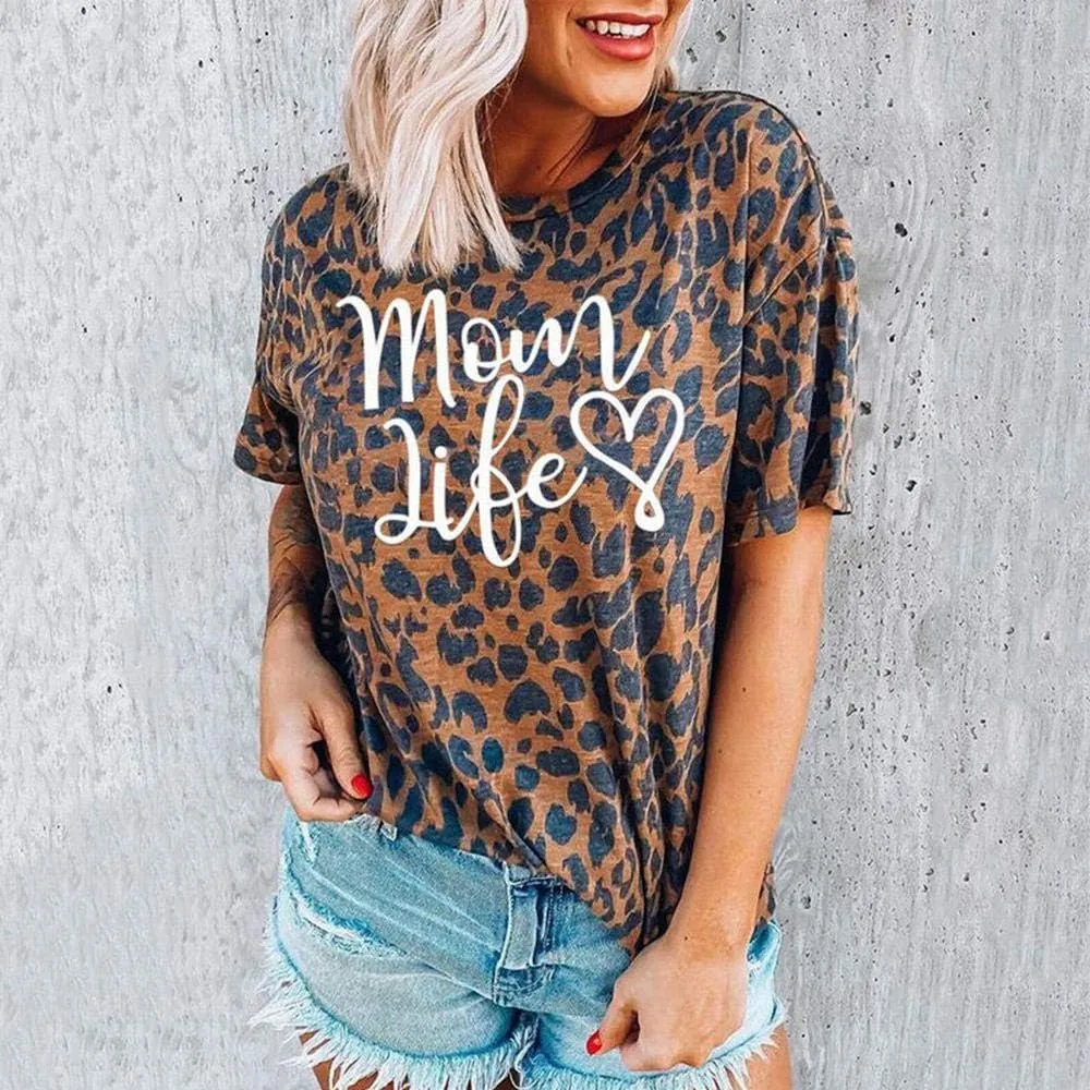 Womens Madre Leopard Print T-Shirts Short Sleeve Mama Shirts Cheetah Mom Graphic Tees Tops