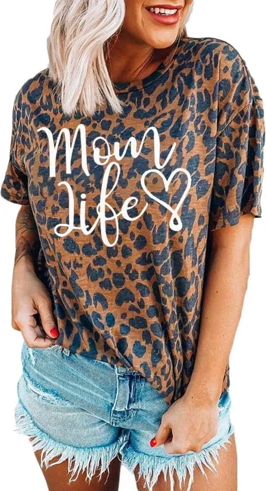 Womens Madre Leopard Print T-Shirts Short Sleeve Mama Shirts Cheetah Mom Graphic Tees Tops