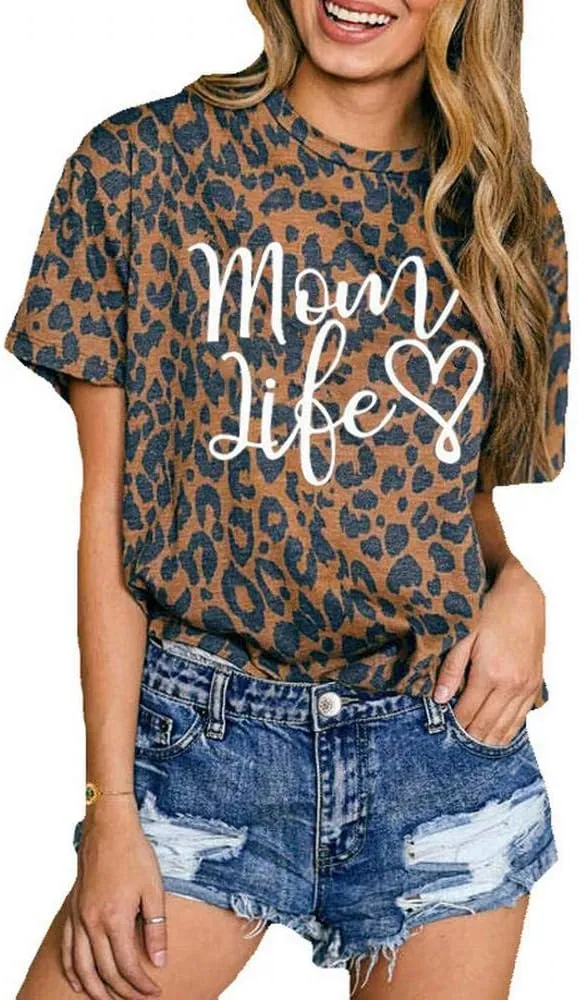 Womens Madre Leopard Print T-Shirts Short Sleeve Mama Shirts Cheetah Mom Graphic Tees Tops