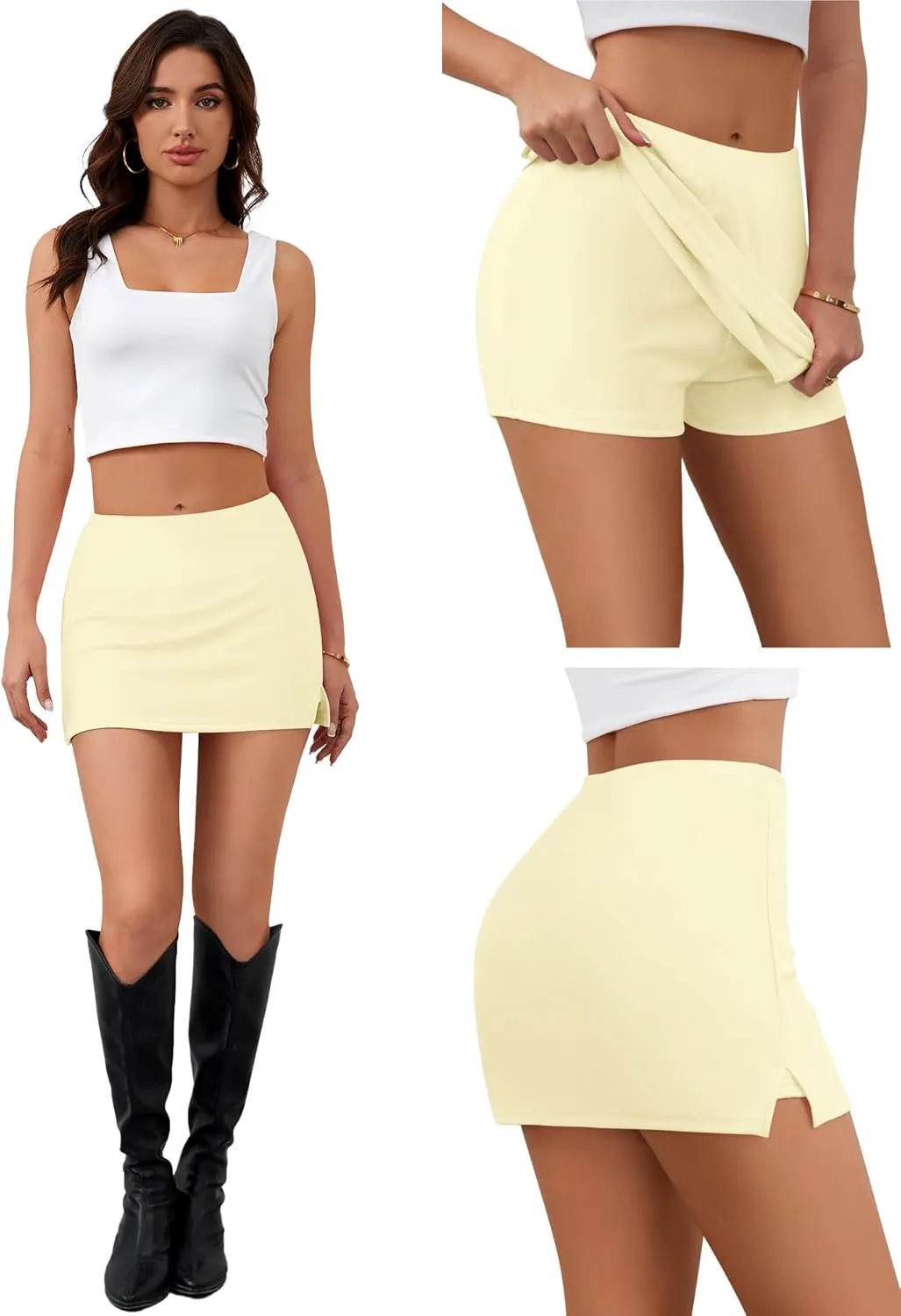 Womens Mini Skorts Y2k Summer Mid-Waisted Pencil Bodycon Short Skirts Side Split Skorts with Shorts
