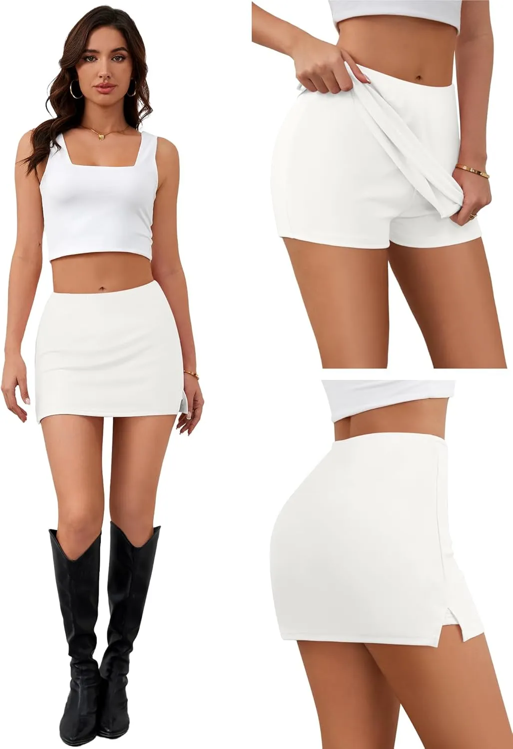 Womens Mini Skorts Y2k Summer Mid-Waisted Pencil Bodycon Short Skirts Side Split Skorts with Shorts
