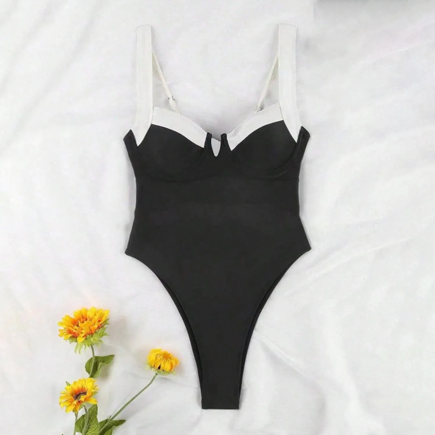 Women's One Piece Swimsuit Tummy Control Bathing Suits High Cut V Neck Color Block Slimming Spaghetti Strap Swimwear