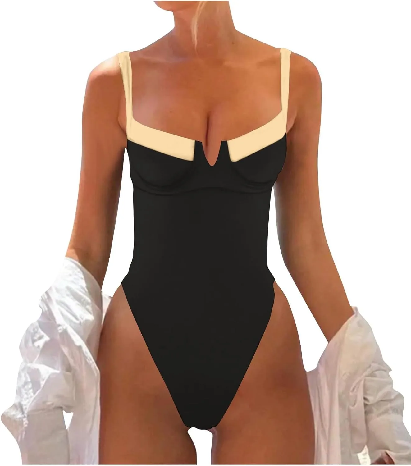 Women's One Piece Swimsuit Tummy Control Bathing Suits High Cut V Neck Color Block Slimming Spaghetti Strap Swimwear