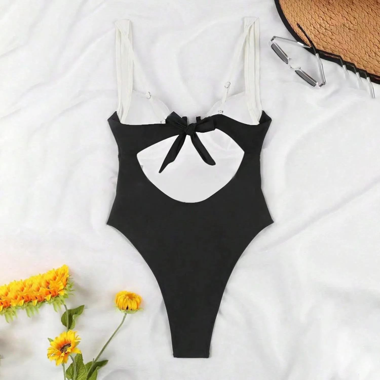 Women's One Piece Swimsuit Tummy Control Bathing Suits High Cut V Neck Color Block Slimming Spaghetti Strap Swimwear