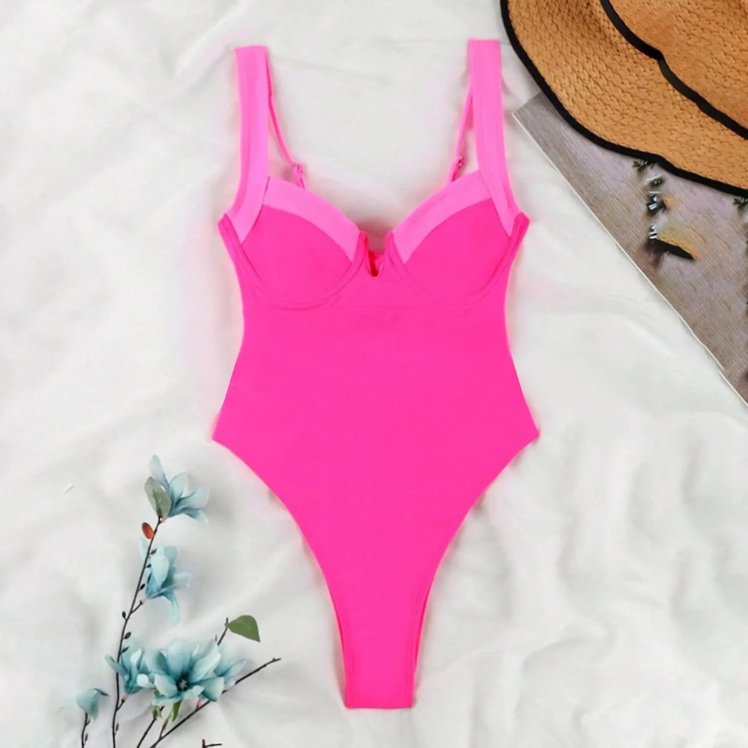Women's One Piece Swimsuit Tummy Control Bathing Suits High Cut V Neck Color Block Slimming Spaghetti Strap Swimwear
