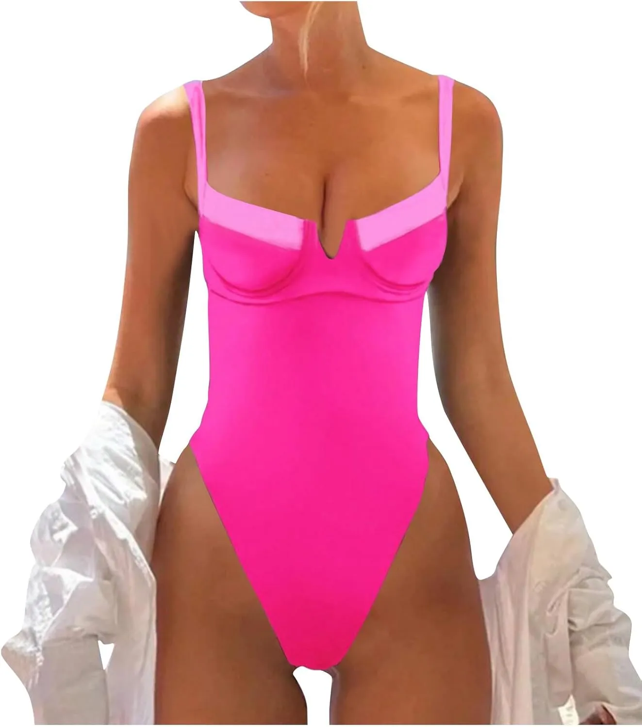 Women's One Piece Swimsuit Tummy Control Bathing Suits High Cut V Neck Color Block Slimming Spaghetti Strap Swimwear