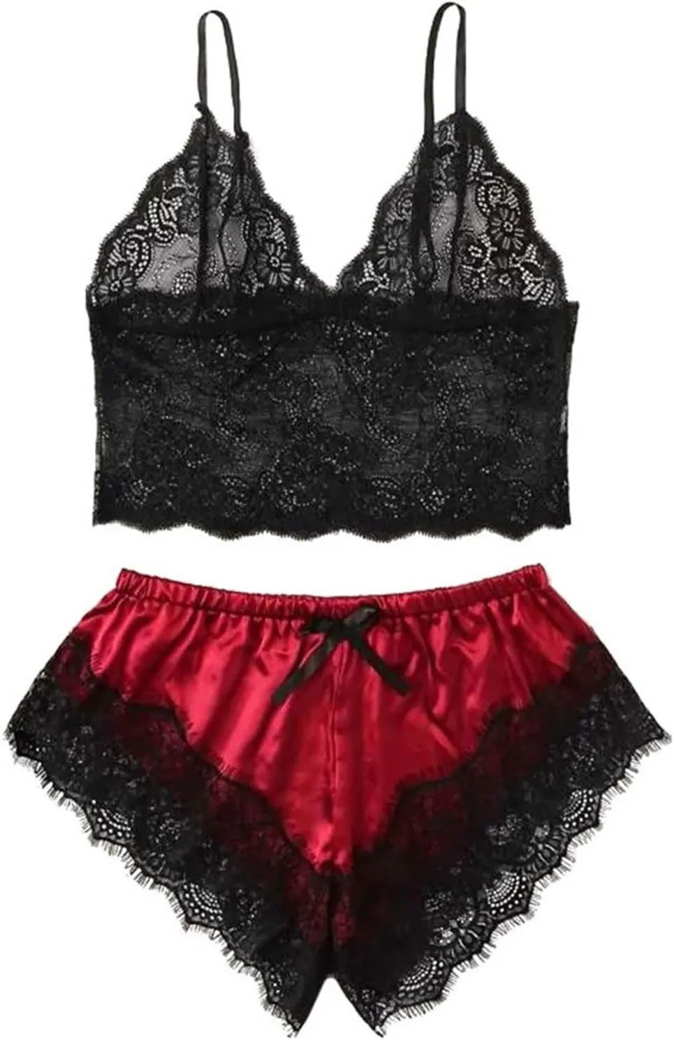 Womens Pajamas Lingerie Set Sexy Floral Lace Sleepwear Camisole and Satin Panty 2 Piece Nightwear Pjs Lounge Sets