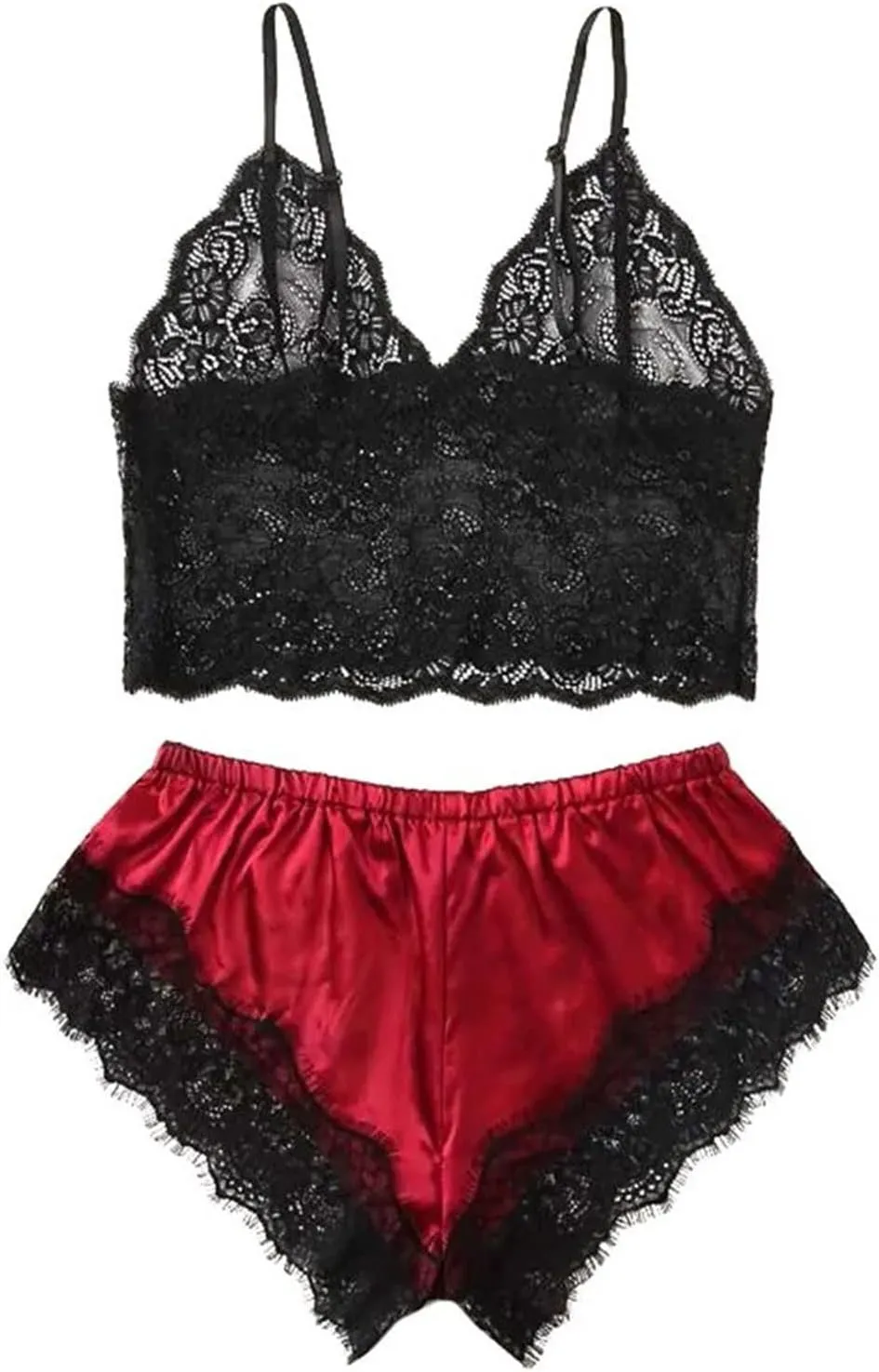 Womens Pajamas Lingerie Set Sexy Floral Lace Sleepwear Camisole and Satin Panty 2 Piece Nightwear Pjs Lounge Sets