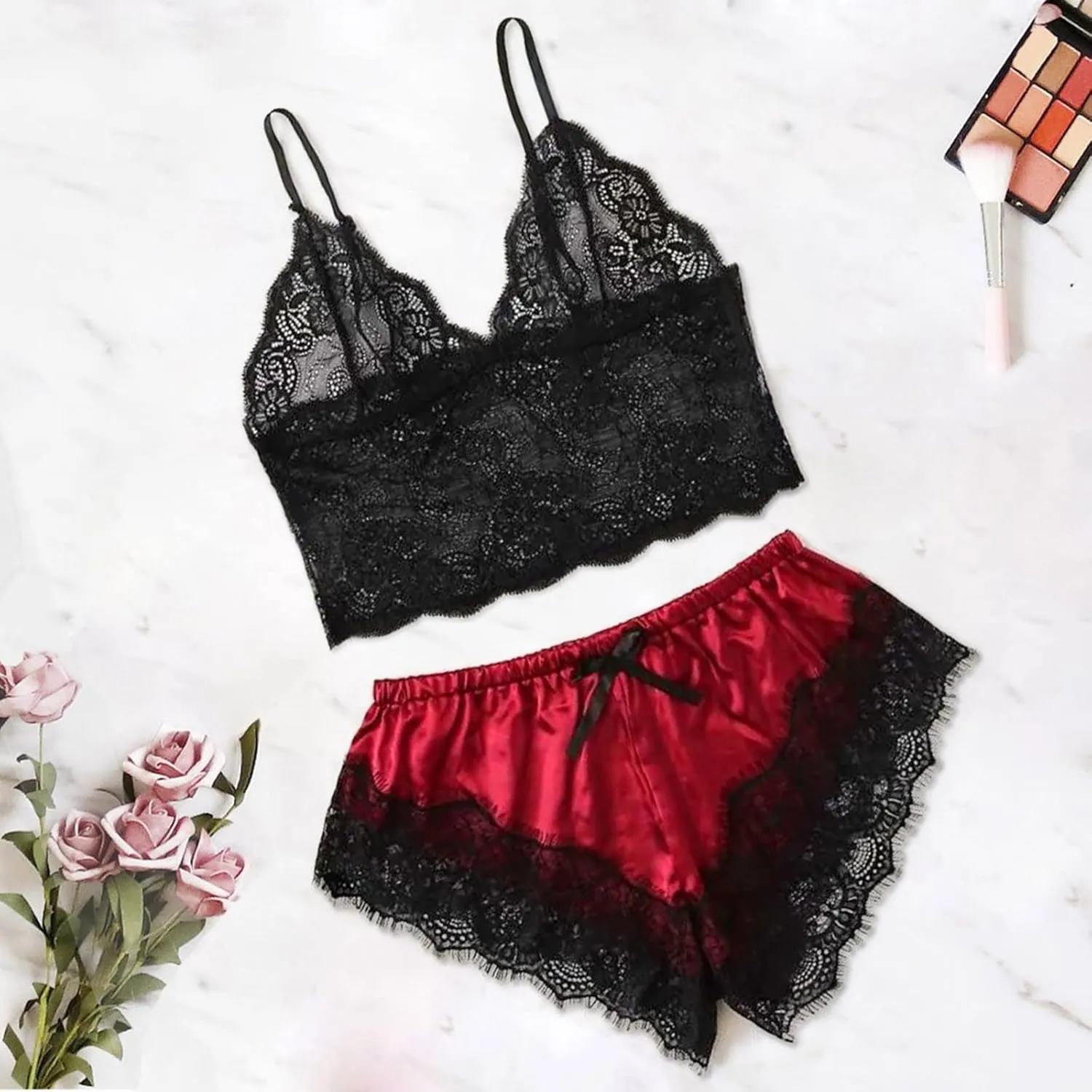 Womens Pajamas Lingerie Set Sexy Floral Lace Sleepwear Camisole and Satin Panty 2 Piece Nightwear Pjs Lounge Sets
