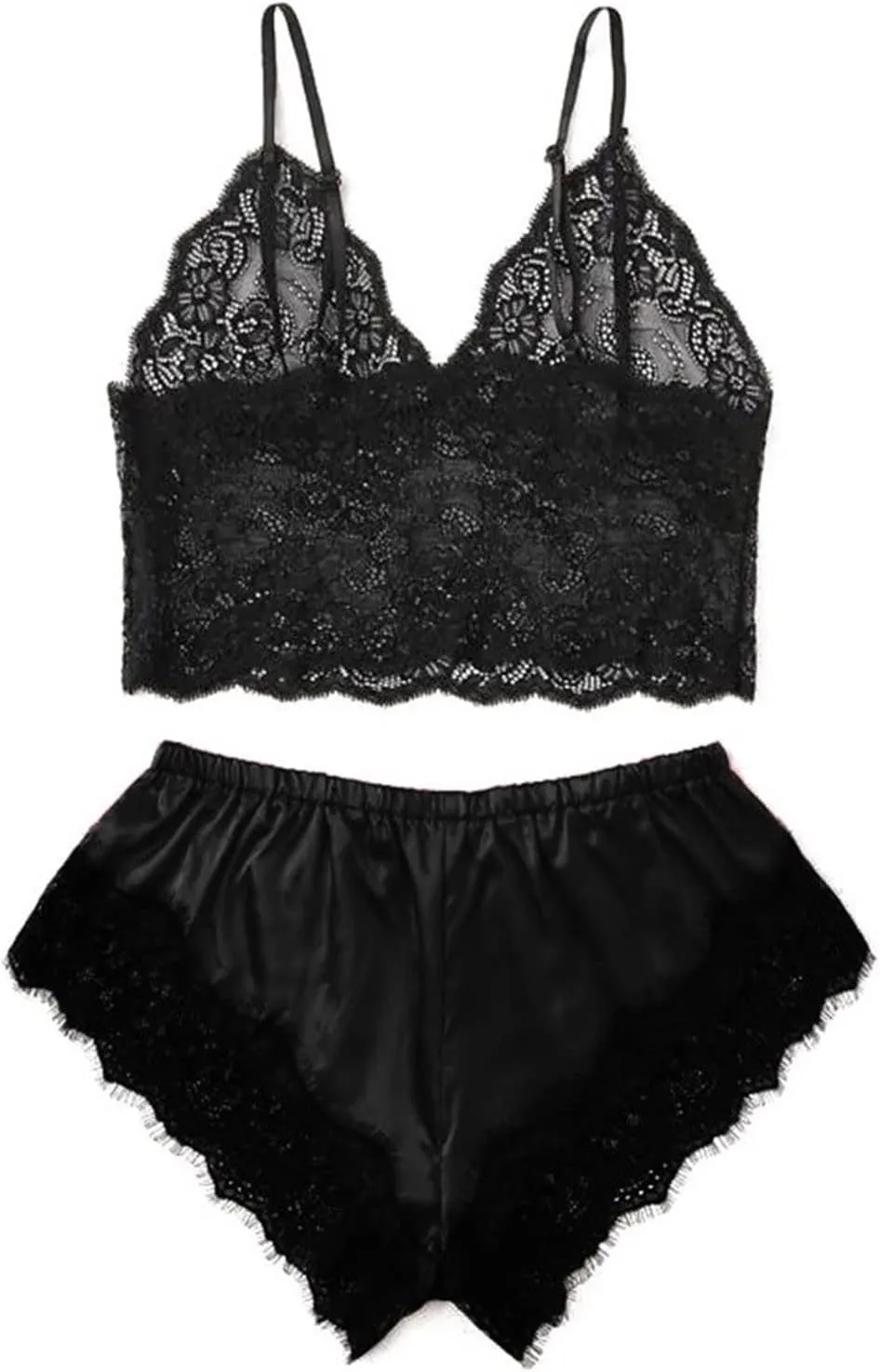 Womens Pajamas Lingerie Set Sexy Floral Lace Sleepwear Camisole and Satin Panty 2 Piece Nightwear Pjs Lounge Sets
