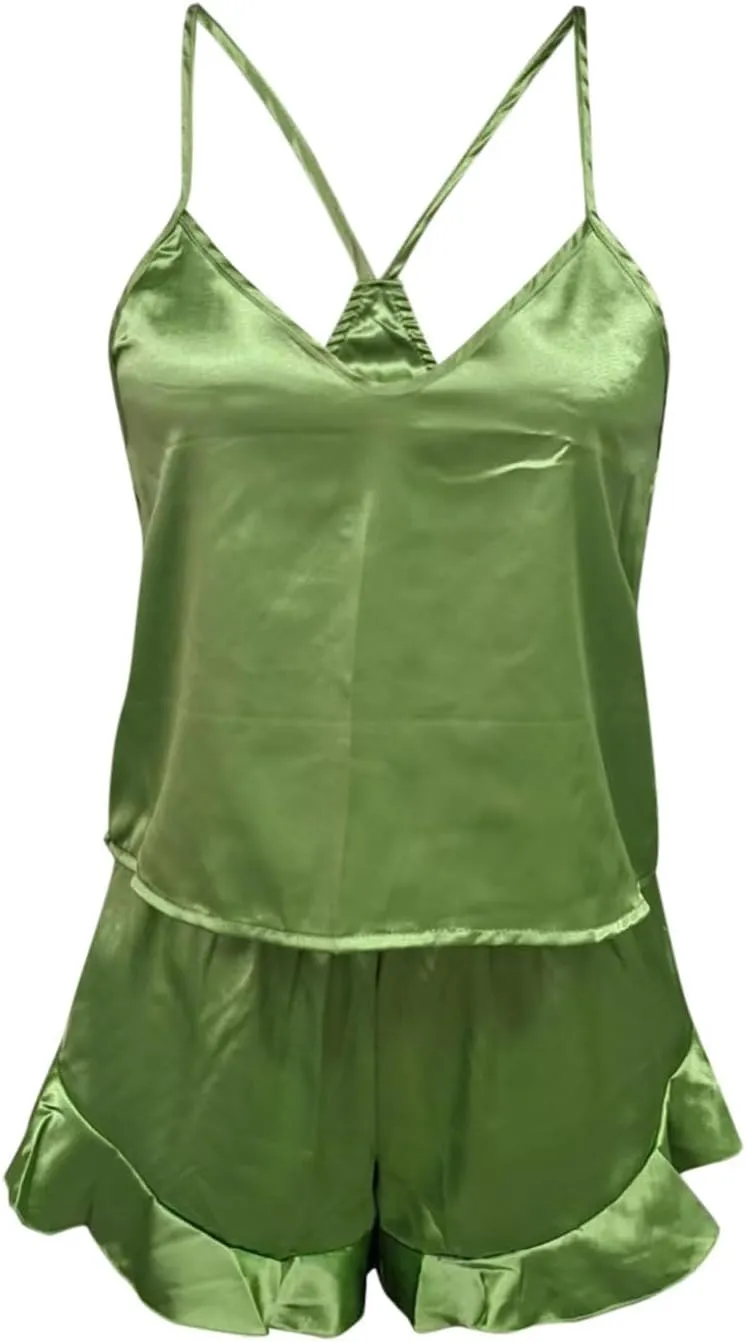Womens Pajamas Sets Stain Silky Cotton Comfort Sexy 2 Piece Pjs Sets Plus Size Nightwear Camisole Shorts Lingerie Loungewear
