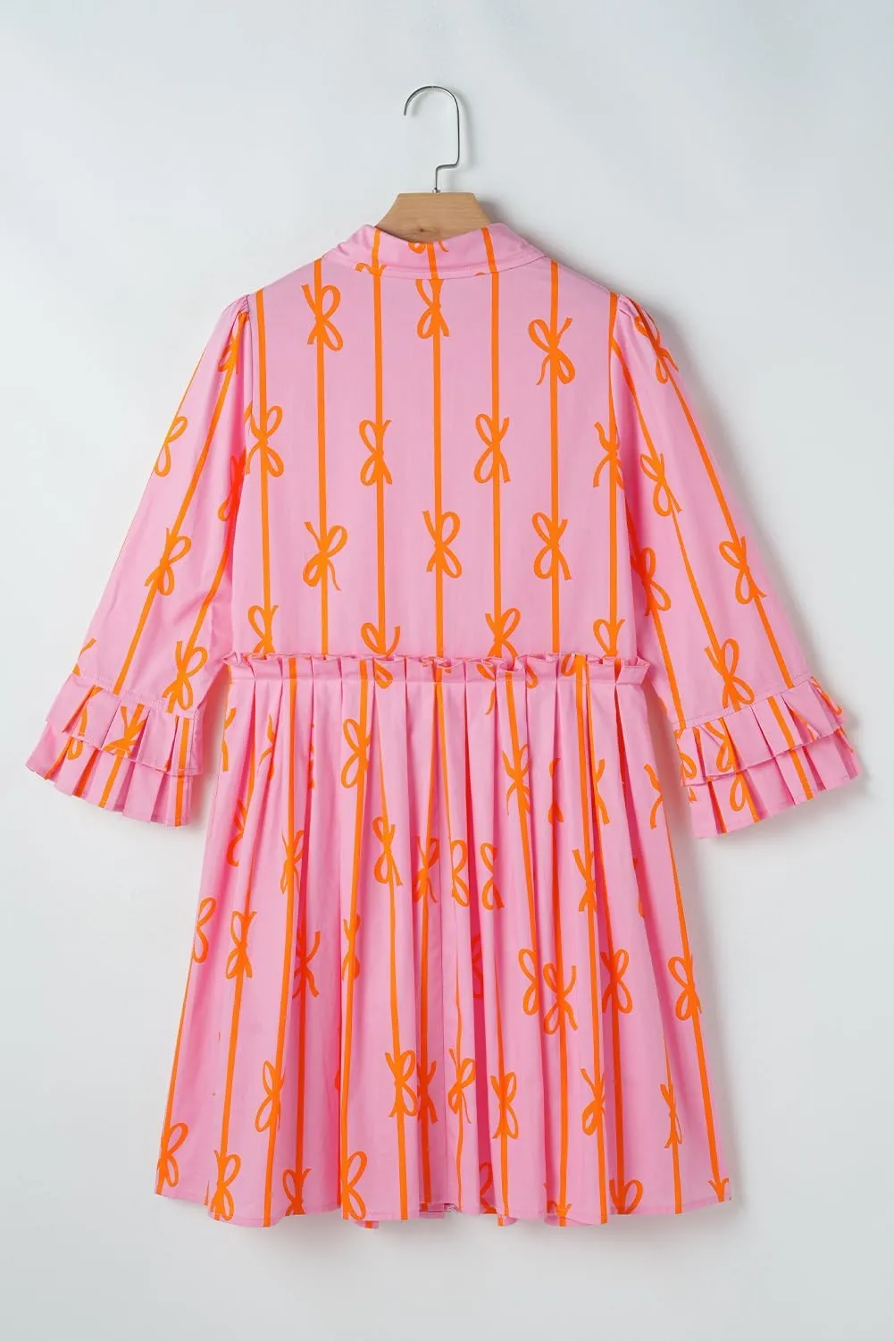 Women's Pink Bowknot Striped Printed Tiered Ruffled Mini Shirt Dress