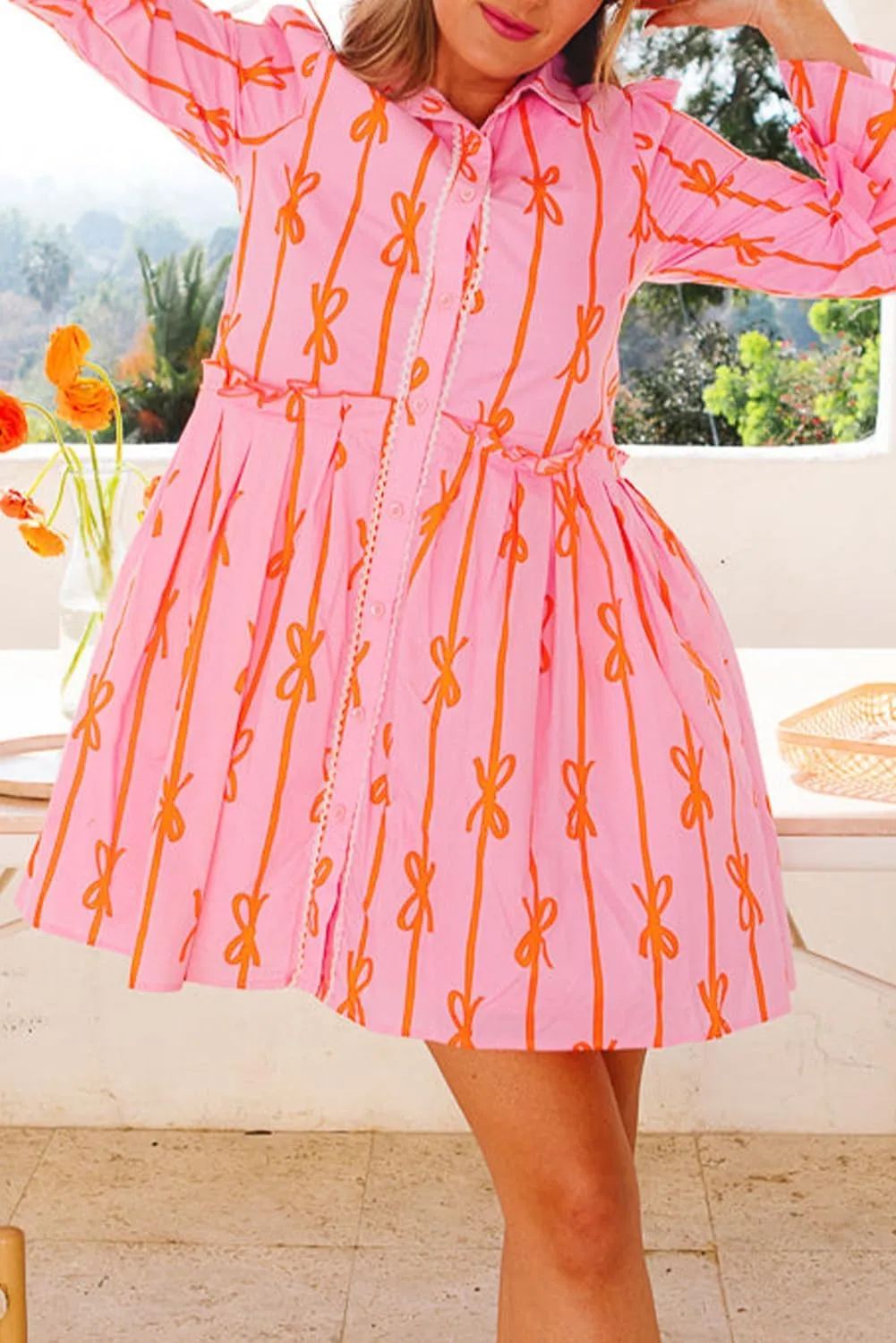 Women's Pink Bowknot Striped Printed Tiered Ruffled Mini Shirt Dress