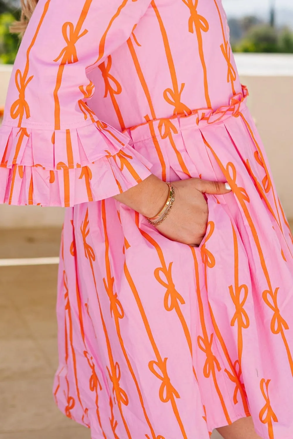 Women's Pink Bowknot Striped Printed Tiered Ruffled Mini Shirt Dress