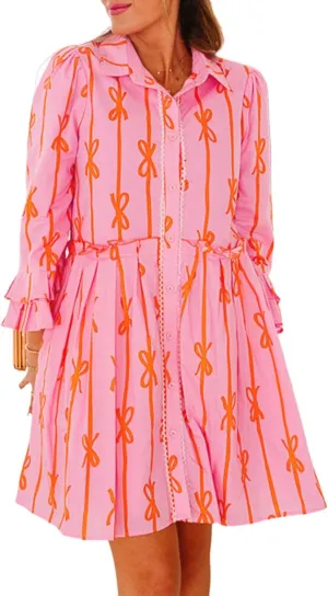 Women's Pink Bowknot Striped Printed Tiered Ruffled Mini Shirt Dress