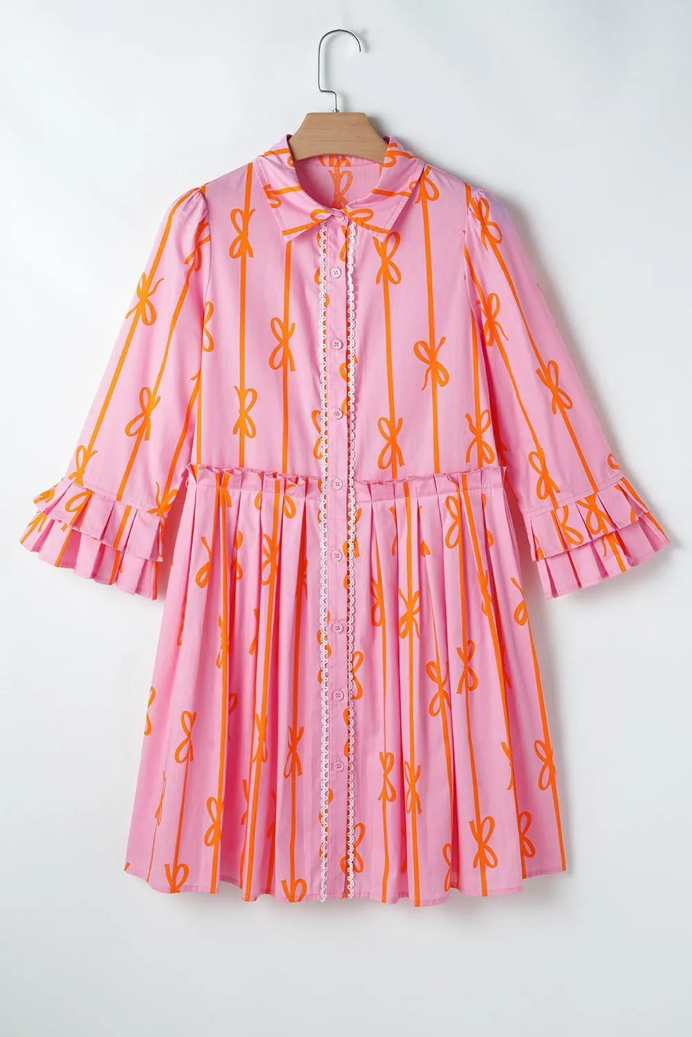 Women's Pink Bowknot Striped Printed Tiered Ruffled Mini Shirt Dress