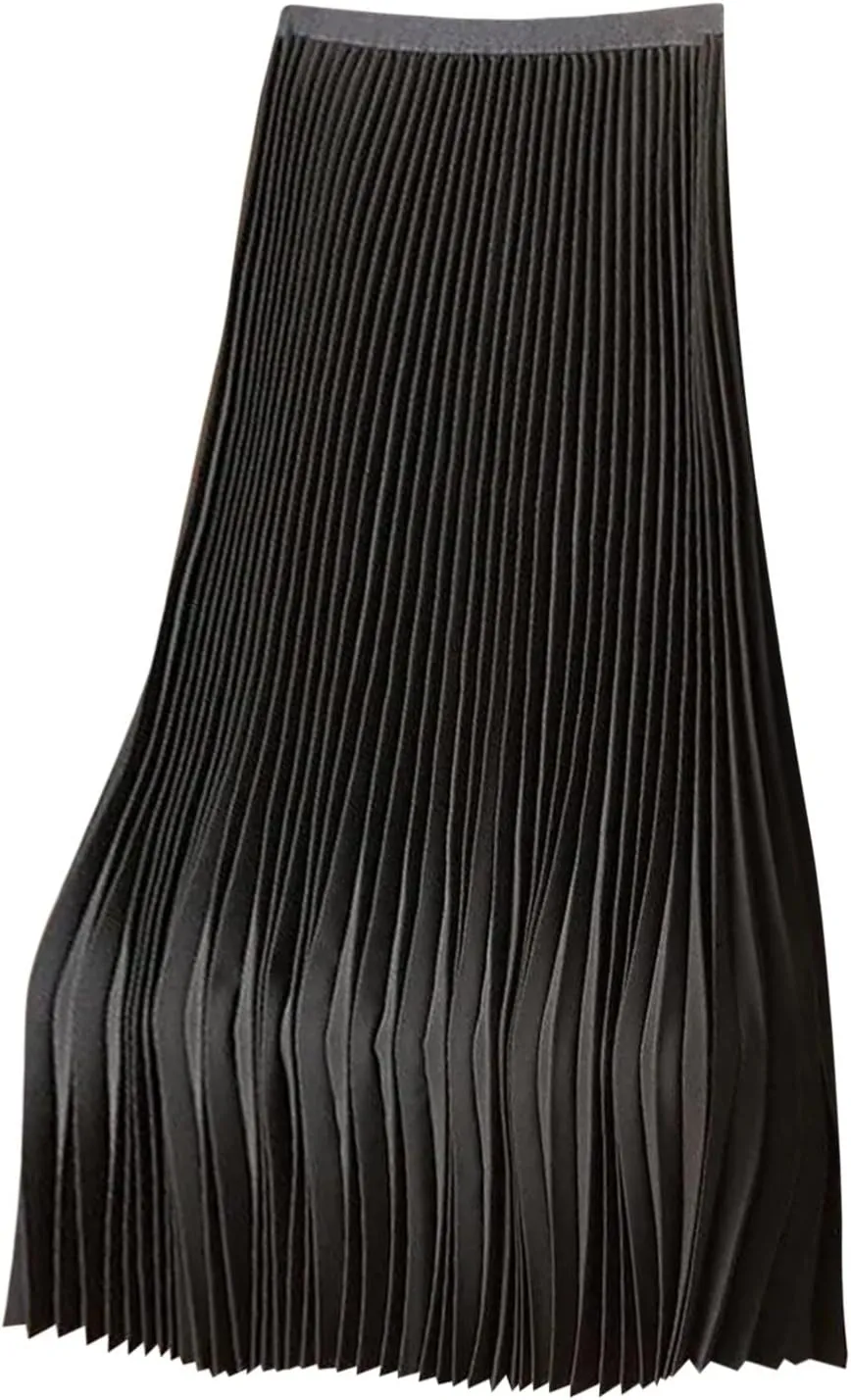 Women's Pleated Midi Skirt, Women High Waist Swing Boho Pleated Skirt Casual Elastic A line Long Skirts Black