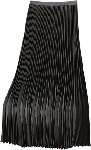 Women's Pleated Midi Skirt, Women High Waist Swing Boho Pleated Skirt Casual Elastic A line Long Skirts Black