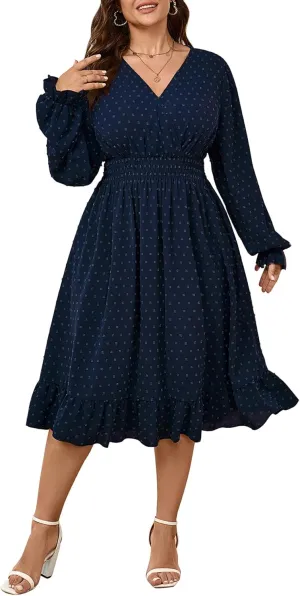 Women's Plus Size Fall Dress Long Sleeve V Neck Smocked Swiss Dot Flowy High Waisted A Line Ruffle Midi Dress