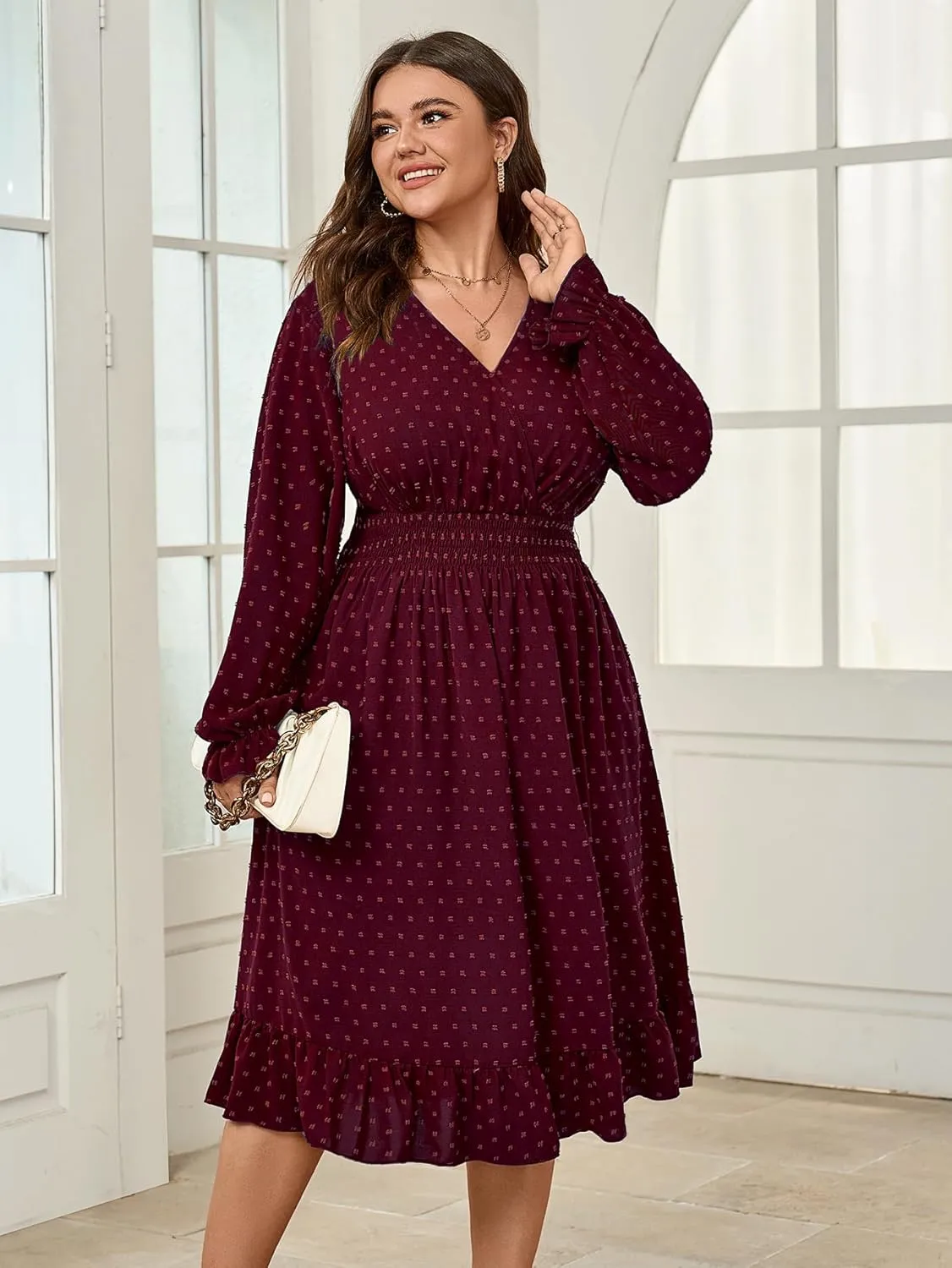 Women's Plus Size Fall Dress Long Sleeve V Neck Smocked Swiss Dot Flowy High Waisted A Line Ruffle Midi Dress