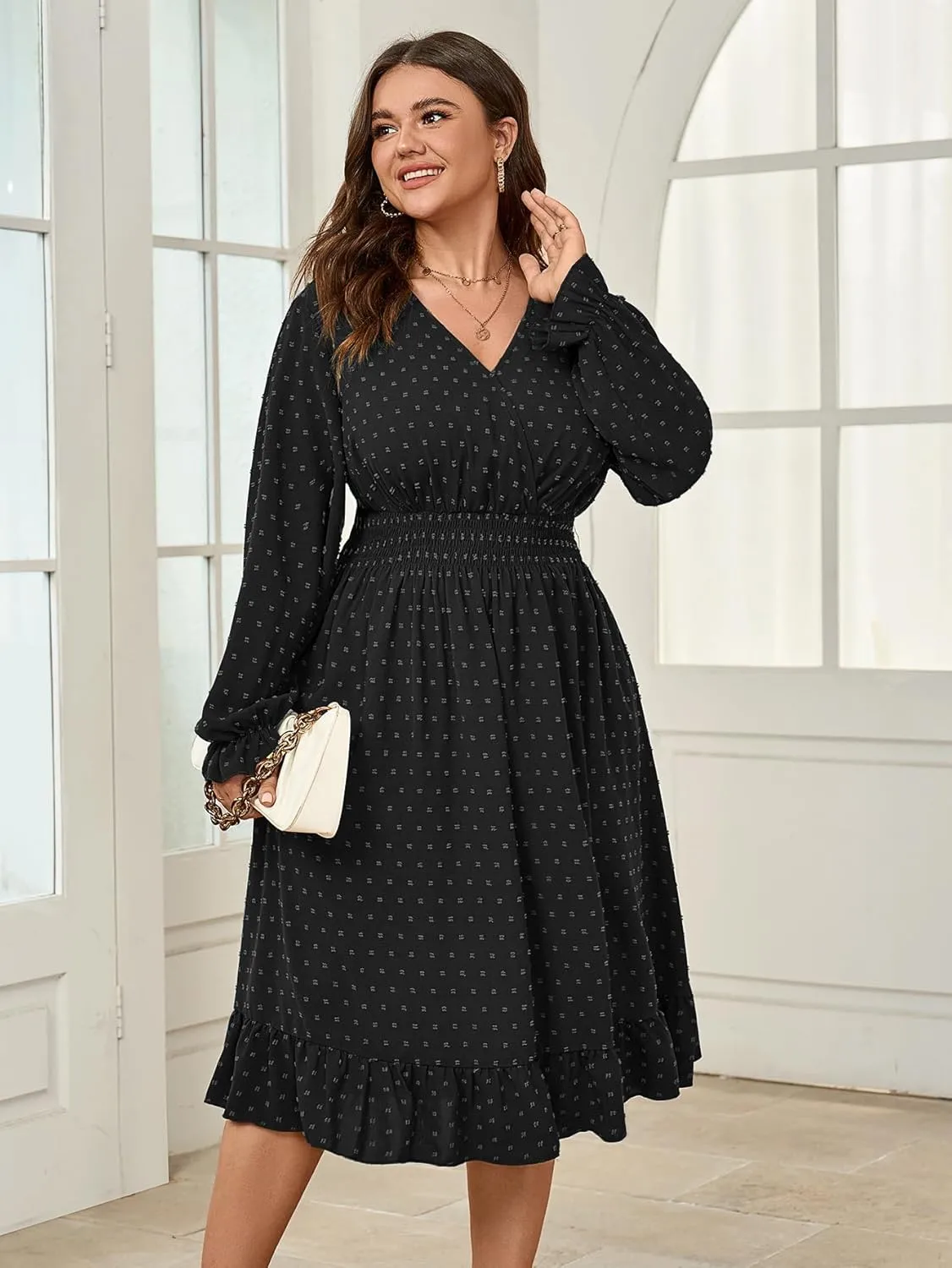 Women's Plus Size Fall Dress Long Sleeve V Neck Smocked Swiss Dot Flowy High Waisted A Line Ruffle Midi Dress
