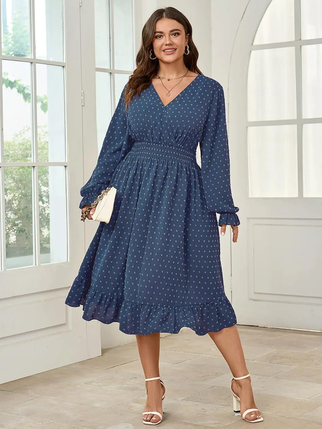 Women's Plus Size Fall Dress Long Sleeve V Neck Smocked Swiss Dot Flowy High Waisted A Line Ruffle Midi Dress