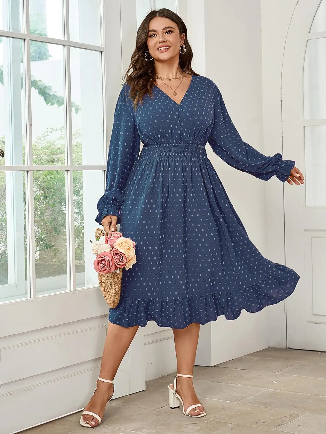 Women's Plus Size Fall Dress Long Sleeve V Neck Smocked Swiss Dot Flowy High Waisted A Line Ruffle Midi Dress