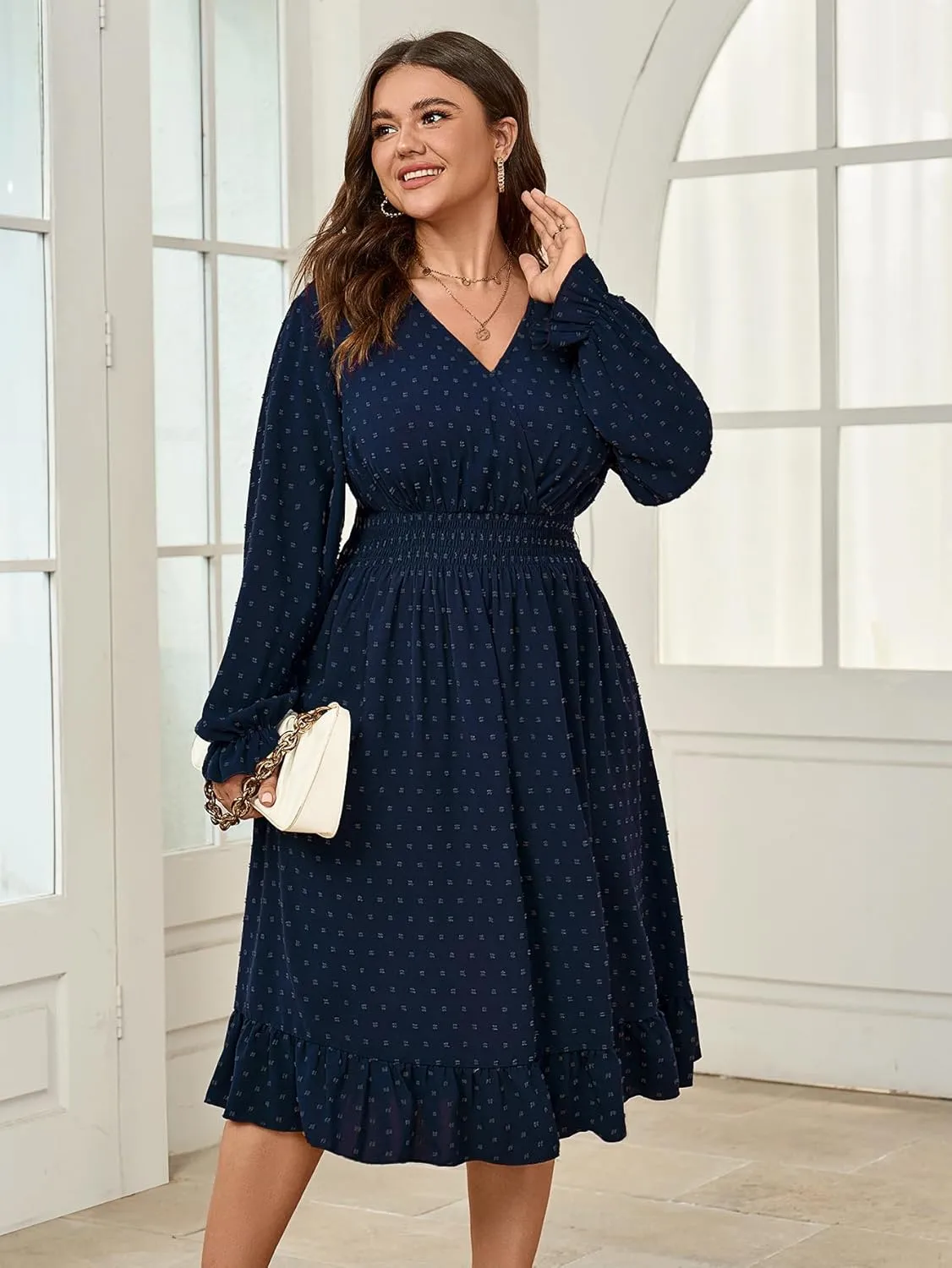 Women's Plus Size Fall Dress Long Sleeve V Neck Smocked Swiss Dot Flowy High Waisted A Line Ruffle Midi Dress