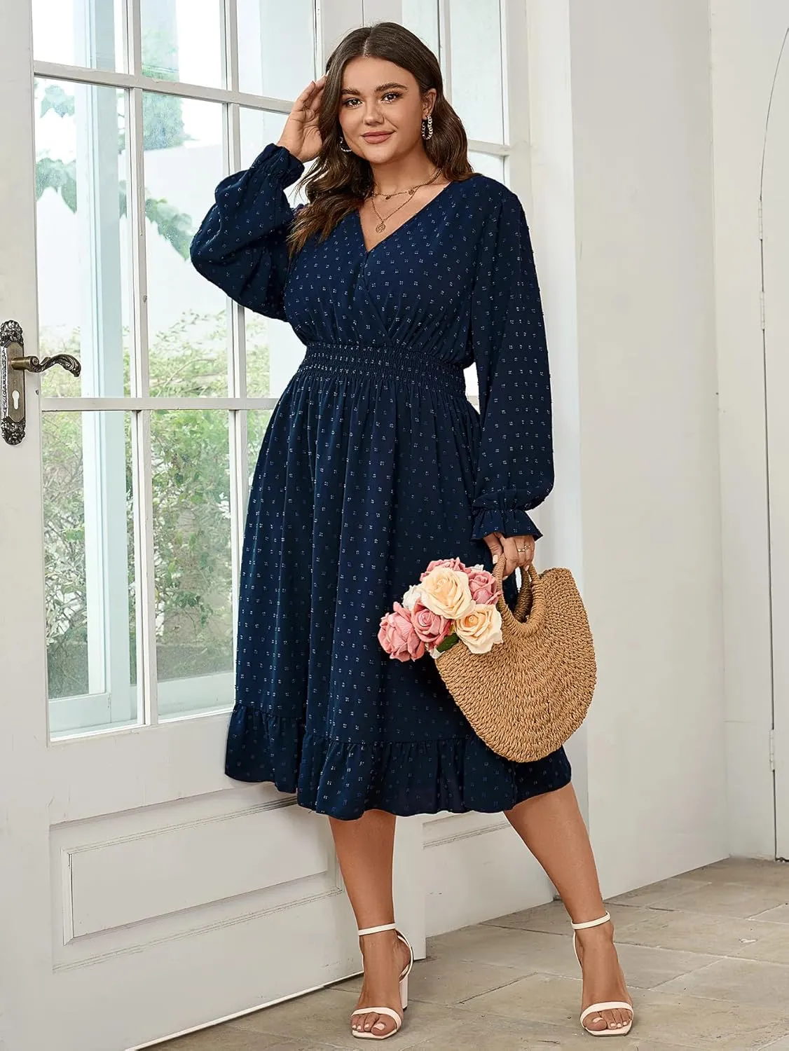 Women's Plus Size Fall Dress Long Sleeve V Neck Smocked Swiss Dot Flowy High Waisted A Line Ruffle Midi Dress