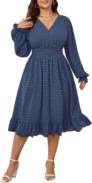 Women's Plus Size Fall Dress Long Sleeve V Neck Smocked Swiss Dot Flowy High Waisted A Line Ruffle Midi Dress