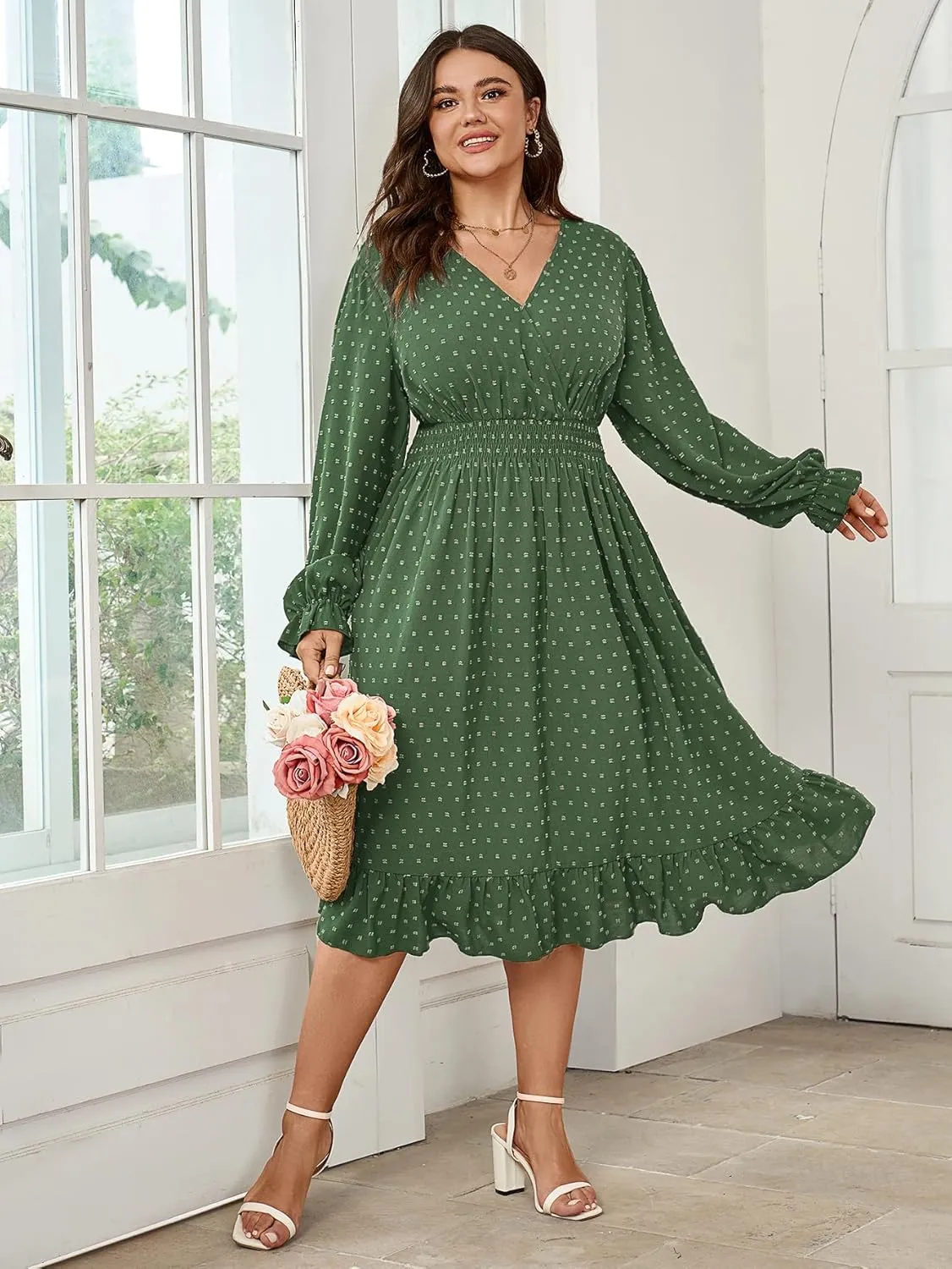 Women's Plus Size Fall Dress Long Sleeve V Neck Smocked Swiss Dot Flowy High Waisted A Line Ruffle Midi Dress