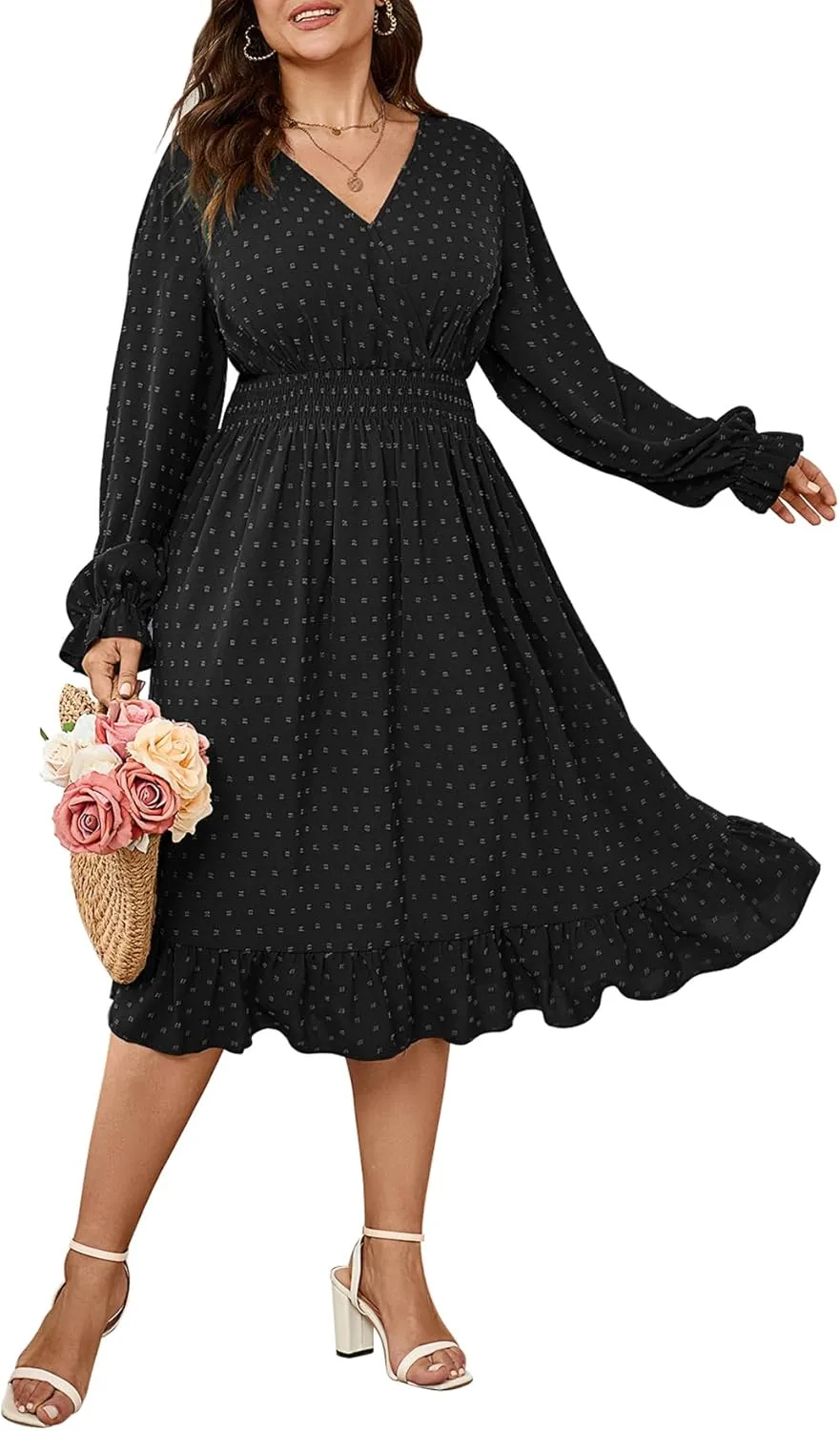 Women's Plus Size Fall Dress Long Sleeve V Neck Smocked Swiss Dot Flowy High Waisted A Line Ruffle Midi Dress