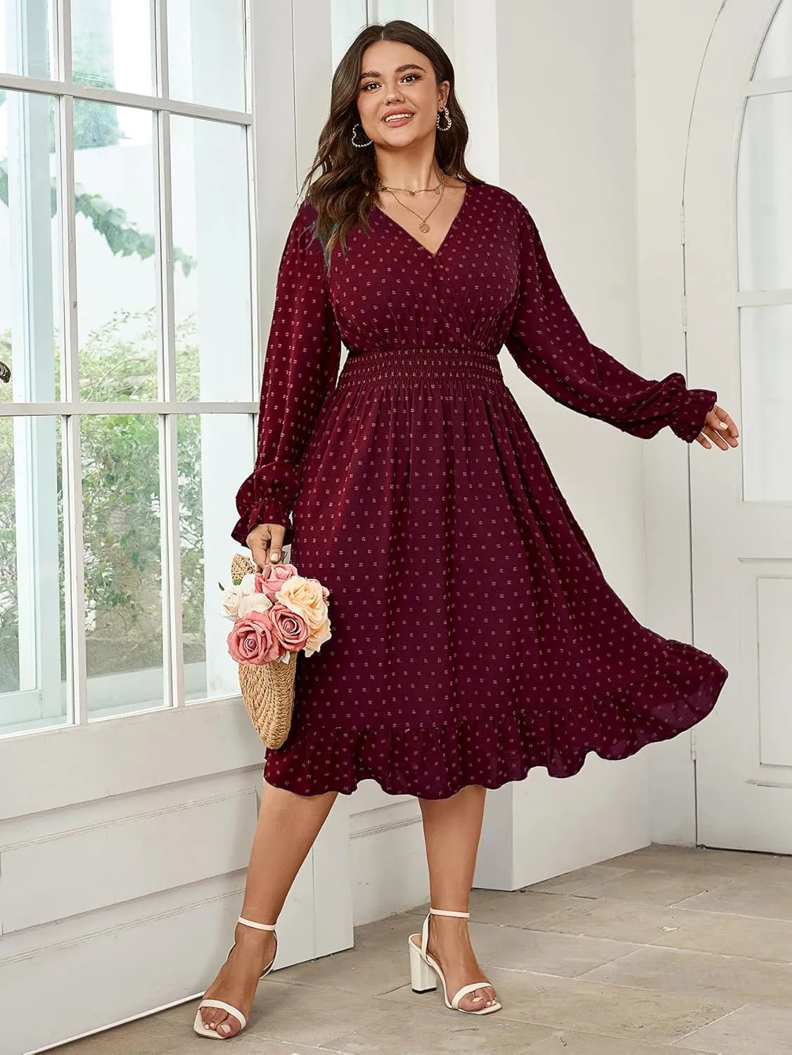 Women's Plus Size Fall Dress Long Sleeve V Neck Smocked Swiss Dot Flowy High Waisted A Line Ruffle Midi Dress