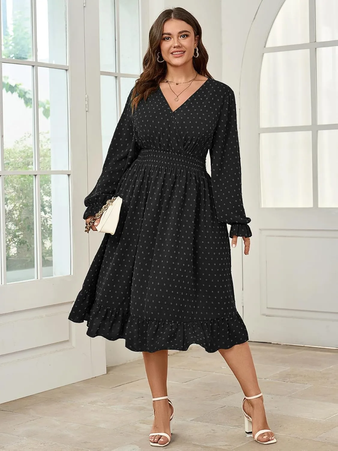 Women's Plus Size Fall Dress Long Sleeve V Neck Smocked Swiss Dot Flowy High Waisted A Line Ruffle Midi Dress