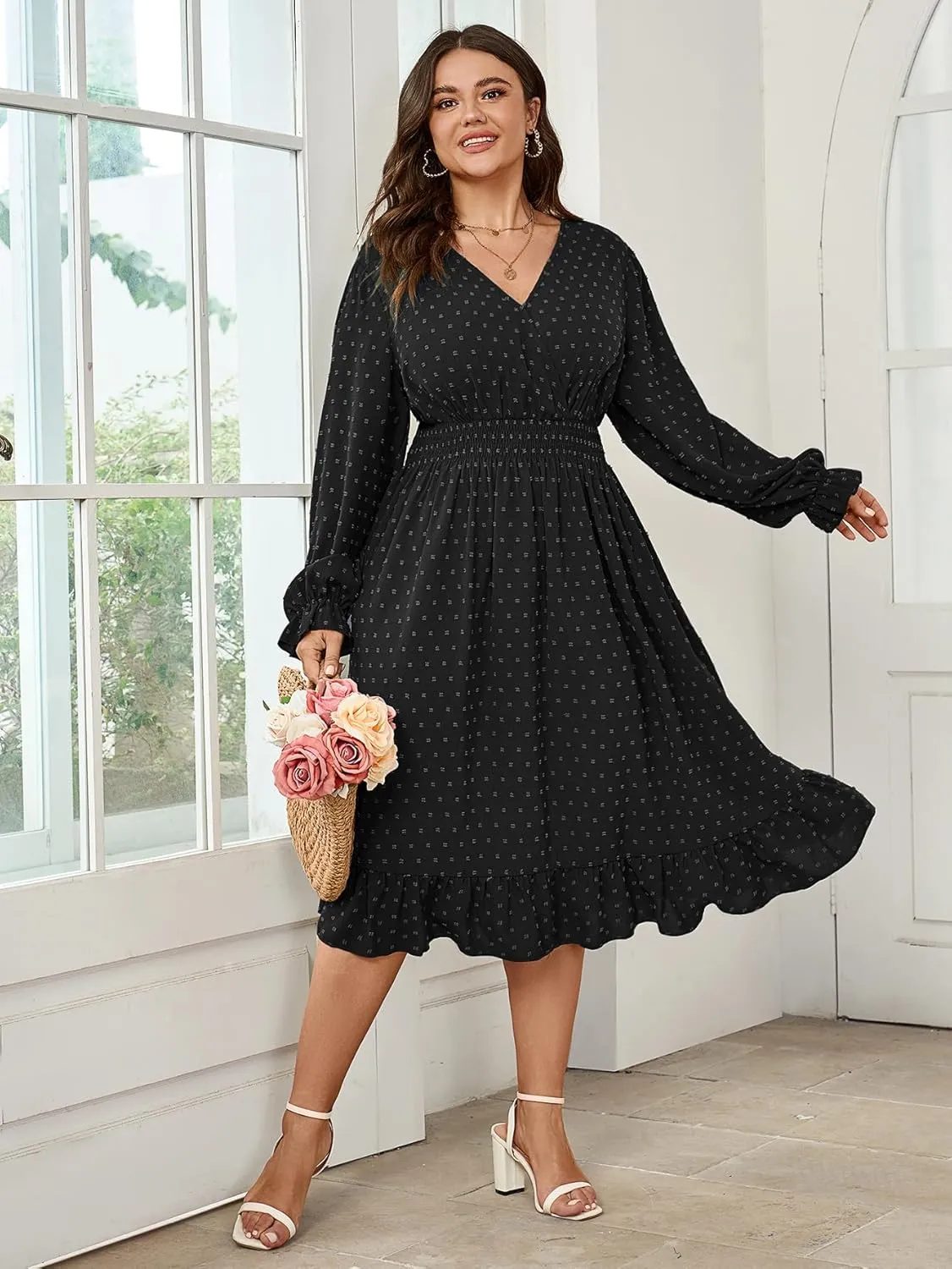 Women's Plus Size Fall Dress Long Sleeve V Neck Smocked Swiss Dot Flowy High Waisted A Line Ruffle Midi Dress