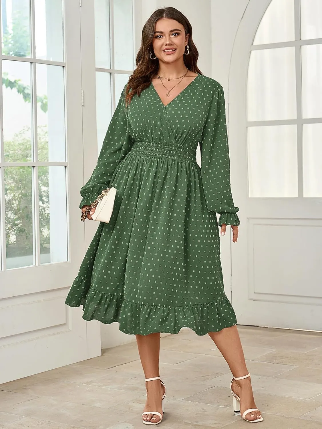 Women's Plus Size Fall Dress Long Sleeve V Neck Smocked Swiss Dot Flowy High Waisted A Line Ruffle Midi Dress