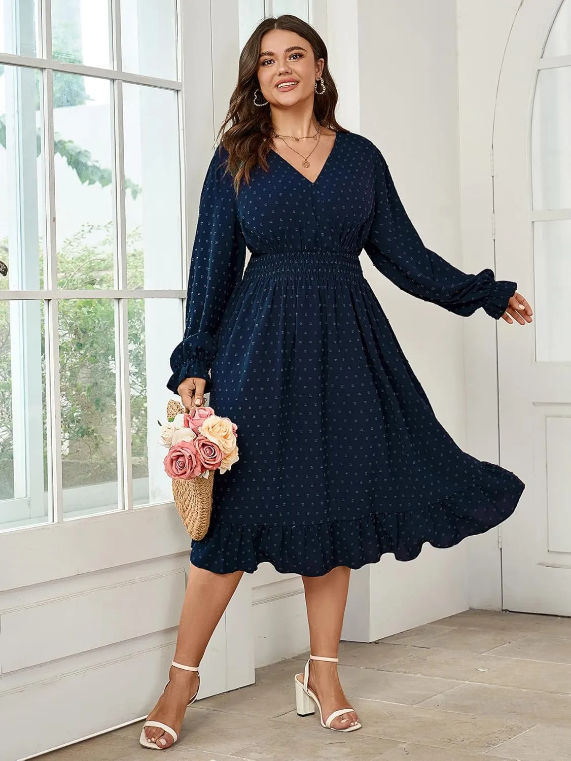 Women's Plus Size Fall Dress Long Sleeve V Neck Smocked Swiss Dot Flowy High Waisted A Line Ruffle Midi Dress