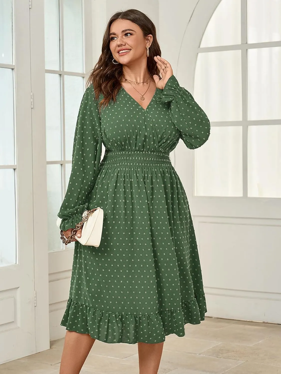 Women's Plus Size Fall Dress Long Sleeve V Neck Smocked Swiss Dot Flowy High Waisted A Line Ruffle Midi Dress