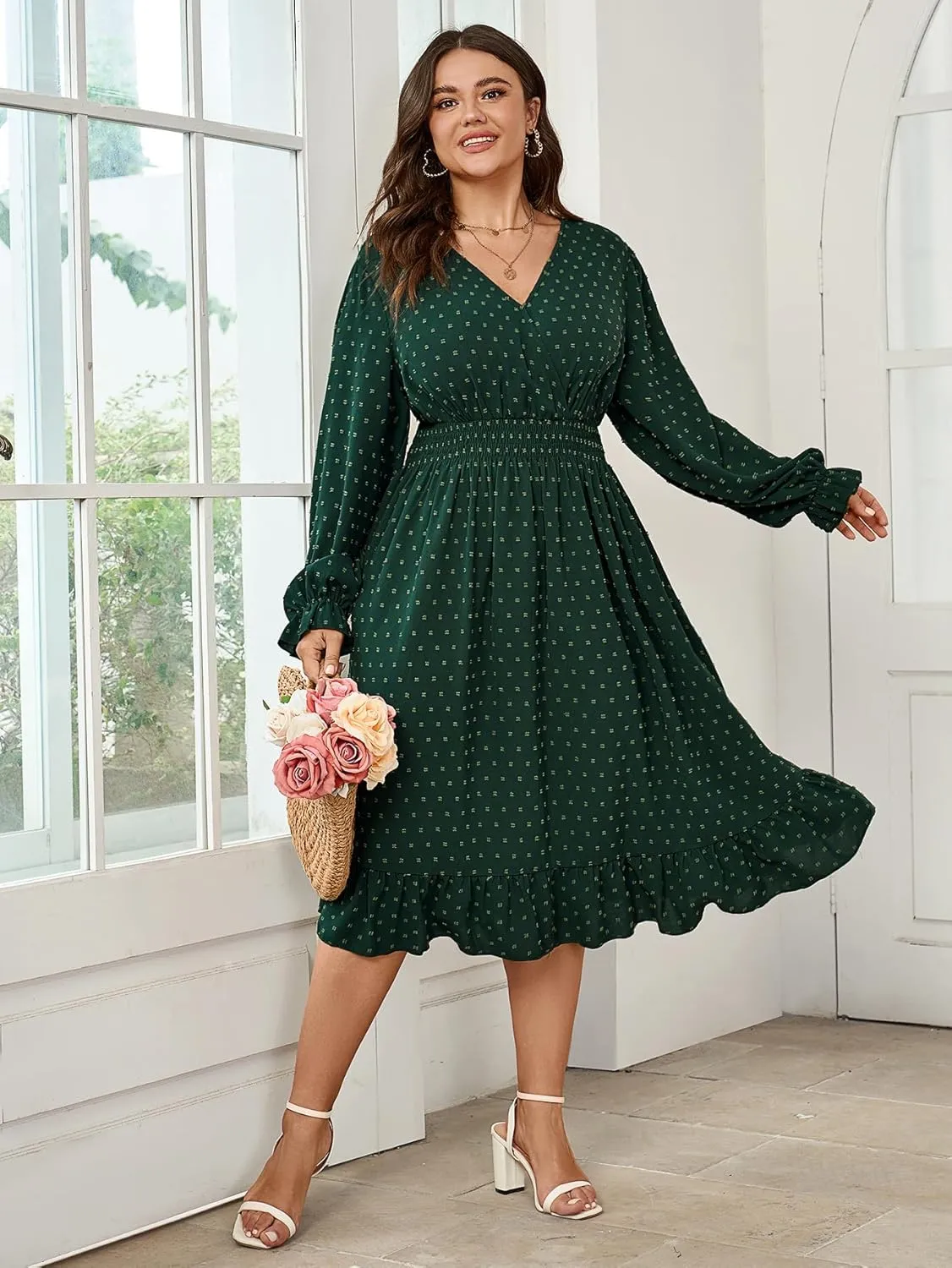 Women's Plus Size Fall Dress Long Sleeve V Neck Smocked Swiss Dot Flowy High Waisted A Line Ruffle Midi Dress