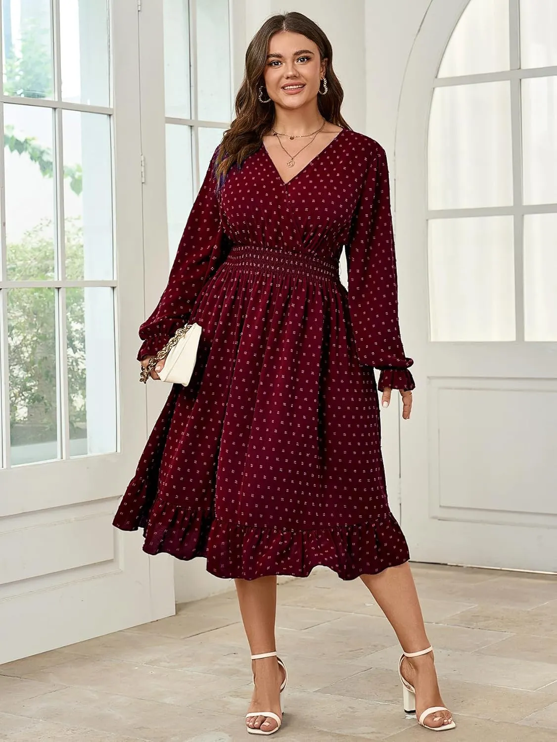 Women's Plus Size Fall Dress Long Sleeve V Neck Smocked Swiss Dot Flowy High Waisted A Line Ruffle Midi Dress