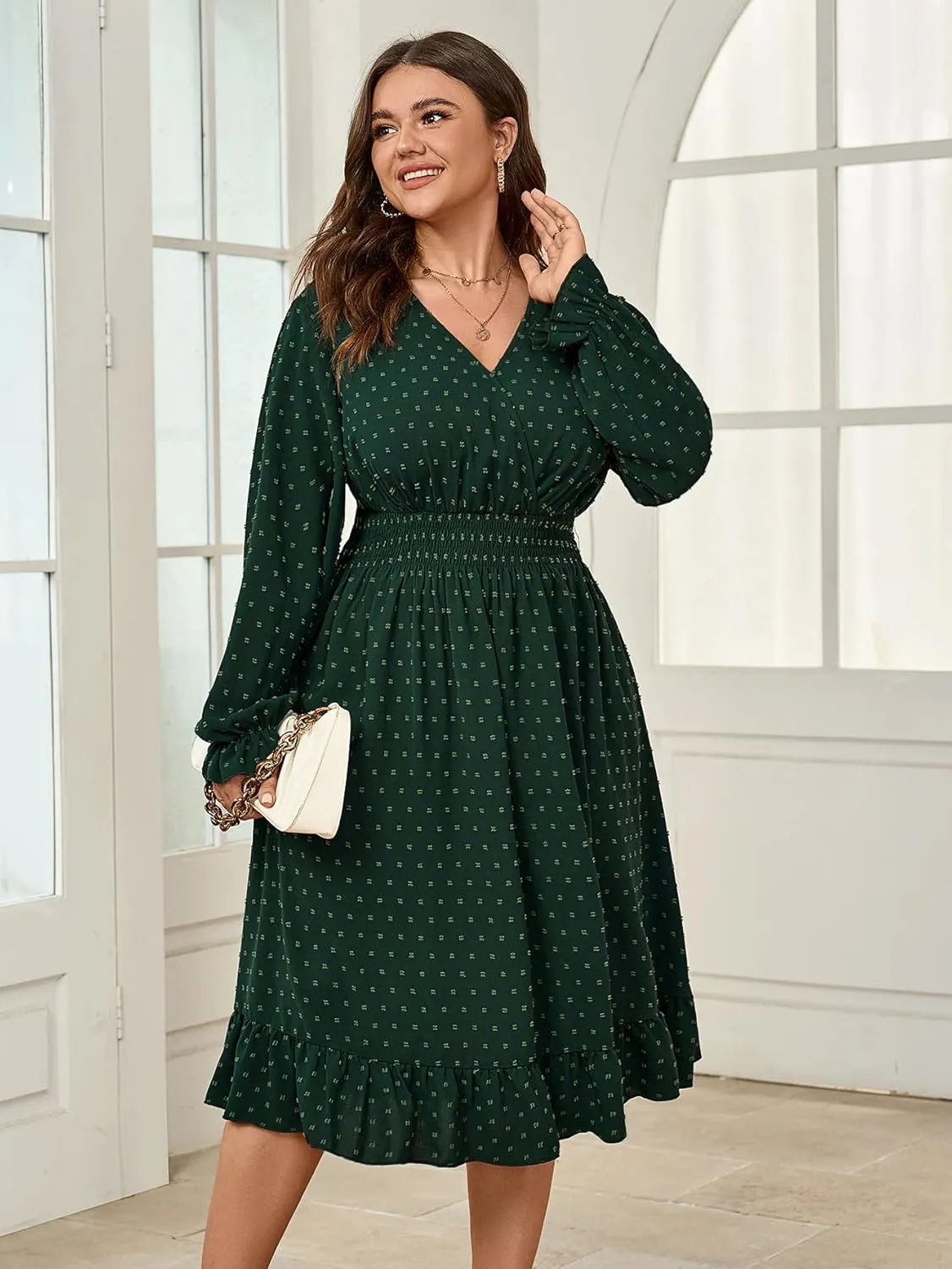Women's Plus Size Fall Dress Long Sleeve V Neck Smocked Swiss Dot Flowy High Waisted A Line Ruffle Midi Dress