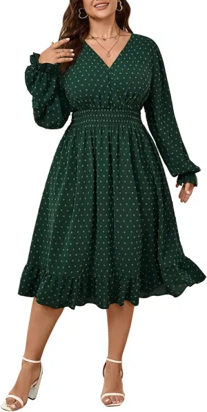 Women's Plus Size Fall Dress Long Sleeve V Neck Smocked Swiss Dot Flowy High Waisted A Line Ruffle Midi Dress