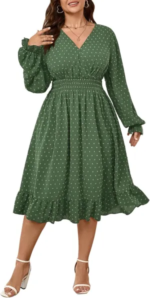 Women's Plus Size Fall Dress Long Sleeve V Neck Smocked Swiss Dot Flowy High Waisted A Line Ruffle Midi Dress