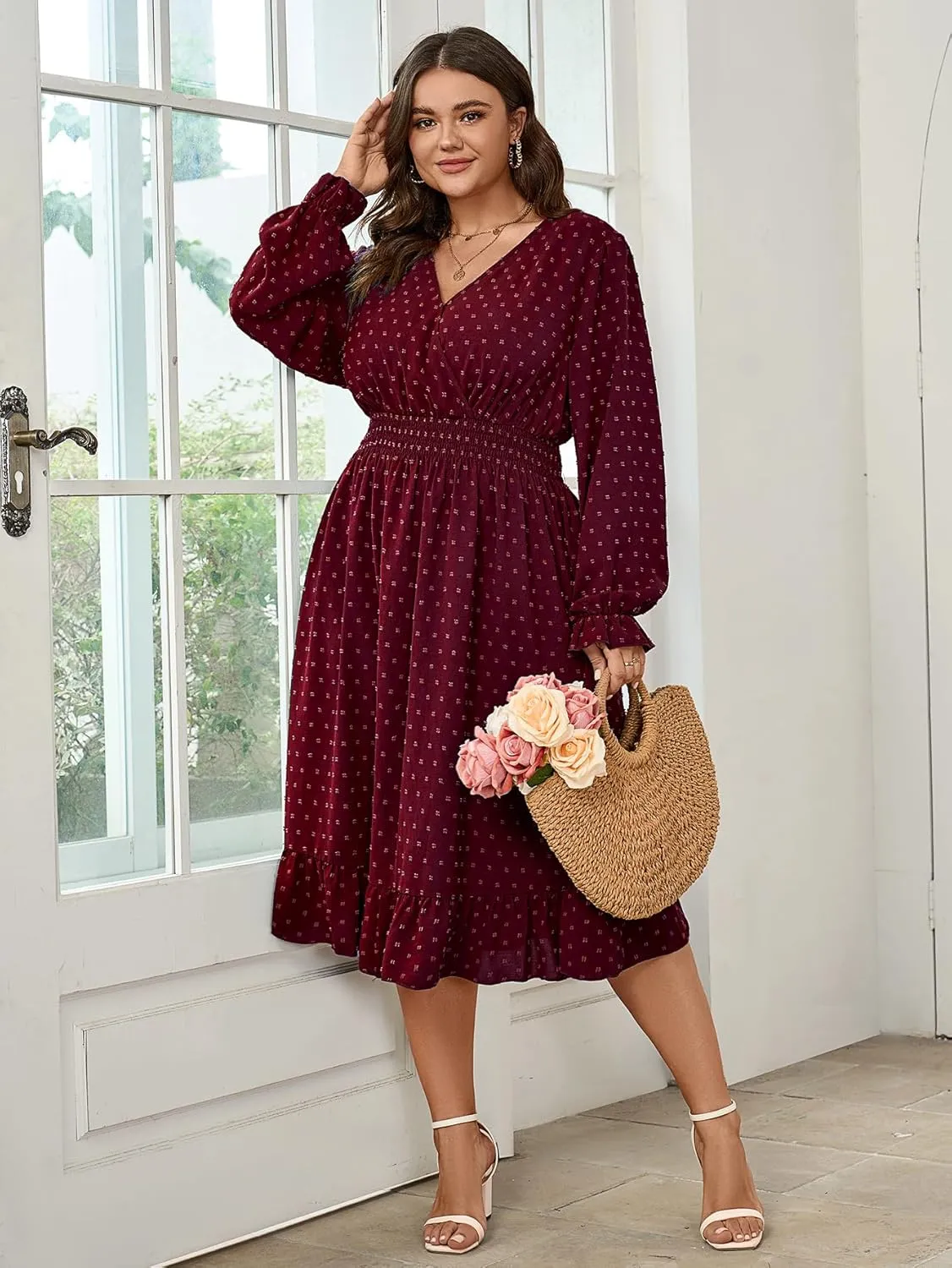 Women's Plus Size Fall Dress Long Sleeve V Neck Smocked Swiss Dot Flowy High Waisted A Line Ruffle Midi Dress
