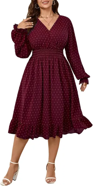 Women's Plus Size Fall Dress Long Sleeve V Neck Smocked Swiss Dot Flowy High Waisted A Line Ruffle Midi Dress
