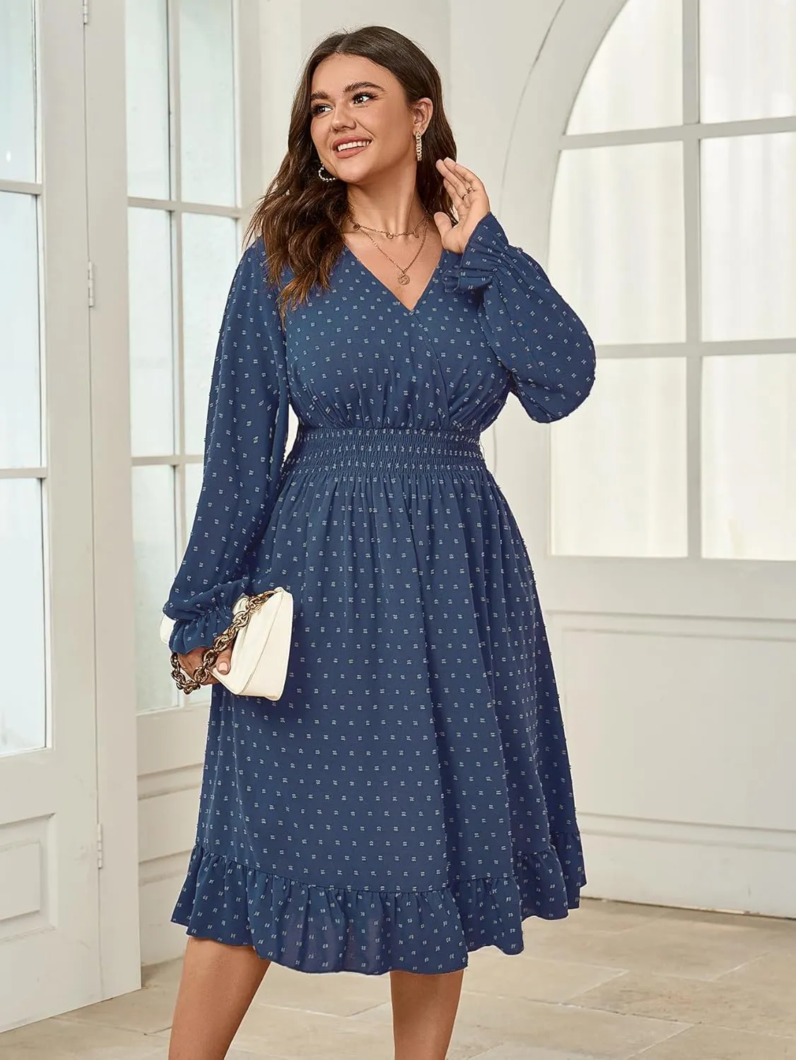 Women's Plus Size Fall Dress Long Sleeve V Neck Smocked Swiss Dot Flowy High Waisted A Line Ruffle Midi Dress