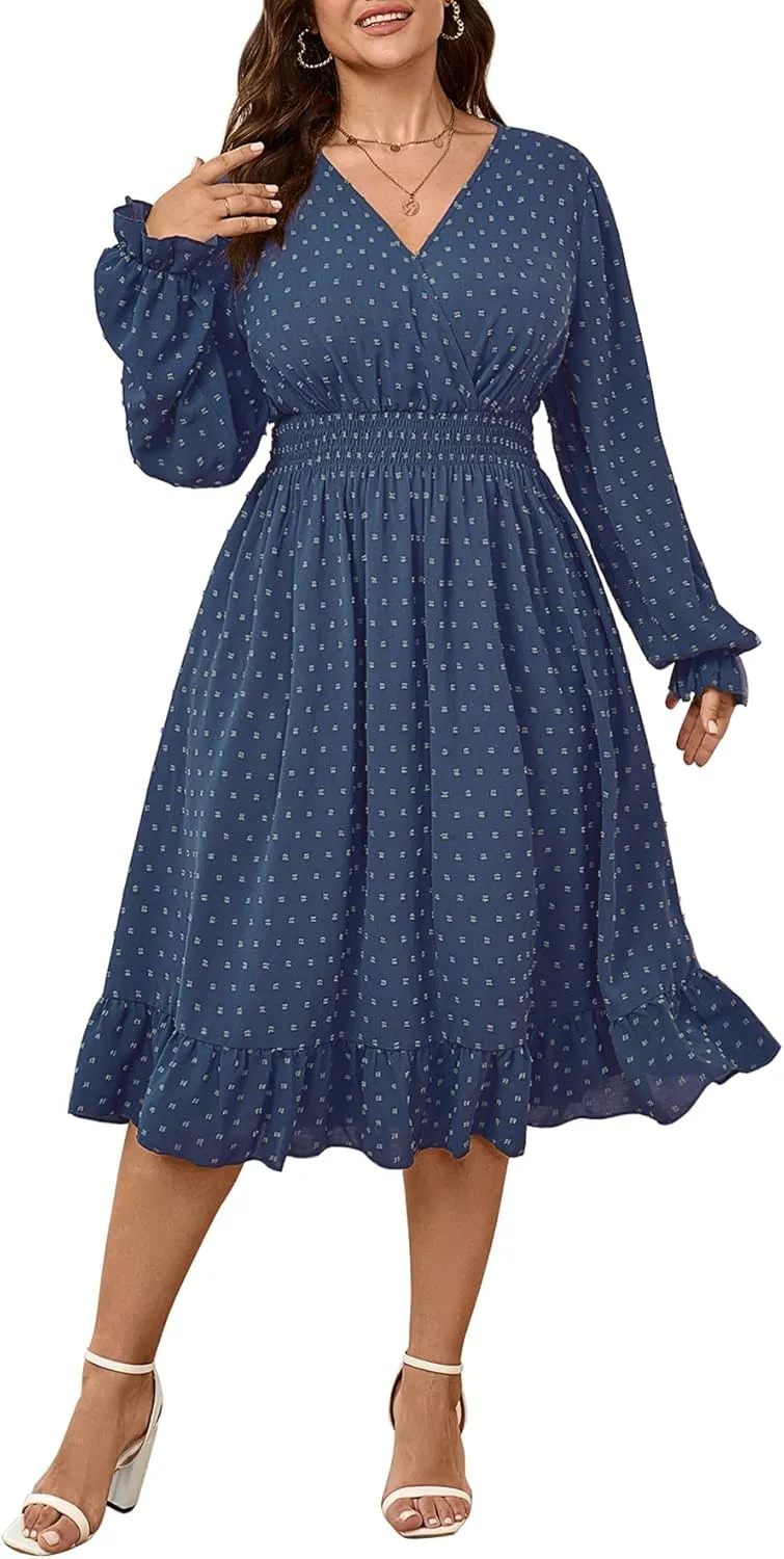 Women's Plus Size Fall Dress Long Sleeve V Neck Smocked Swiss Dot Flowy High Waisted A Line Ruffle Midi Dress