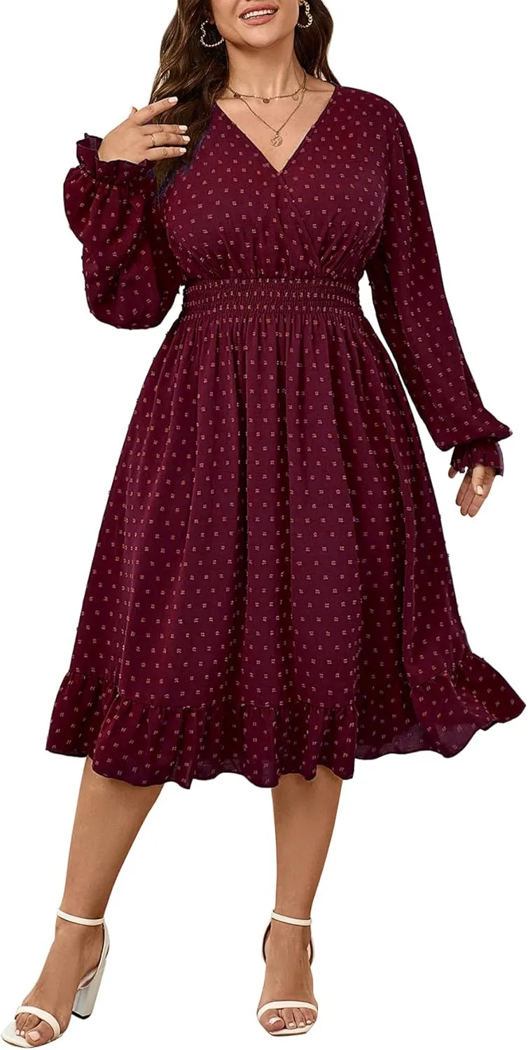 Women's Plus Size Fall Dress Long Sleeve V Neck Smocked Swiss Dot Flowy High Waisted A Line Ruffle Midi Dress