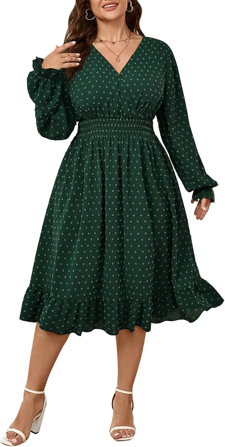 Women's Plus Size Fall Dress Long Sleeve V Neck Smocked Swiss Dot Flowy High Waisted A Line Ruffle Midi Dress